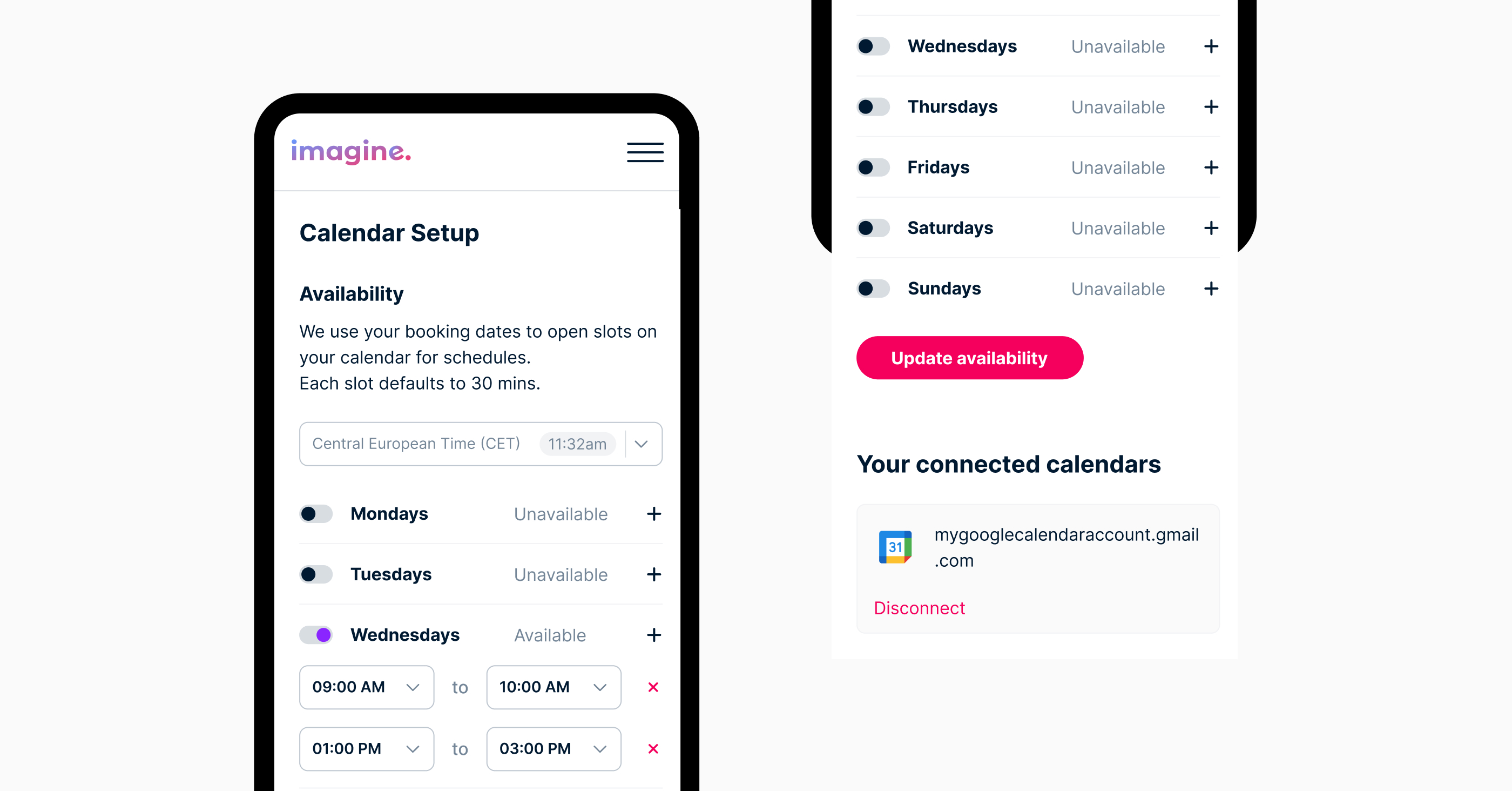 Mentor dashboard and calendar setup screens on mobile
