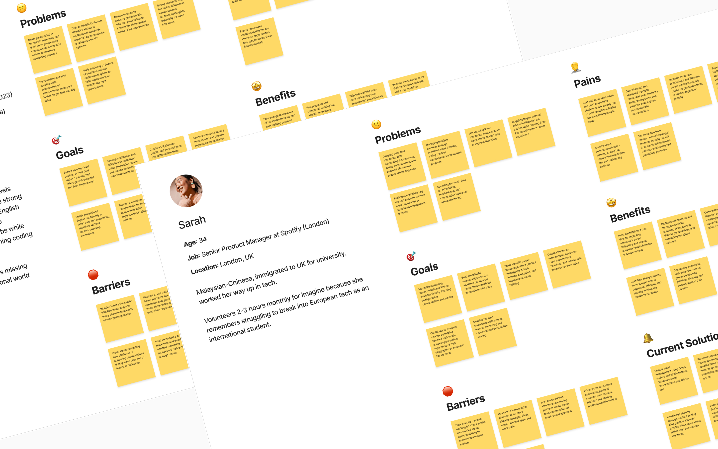User persona cards showing Chioma the ambitious graduate and Marcus the mentor with their goals, pain points, and motivations