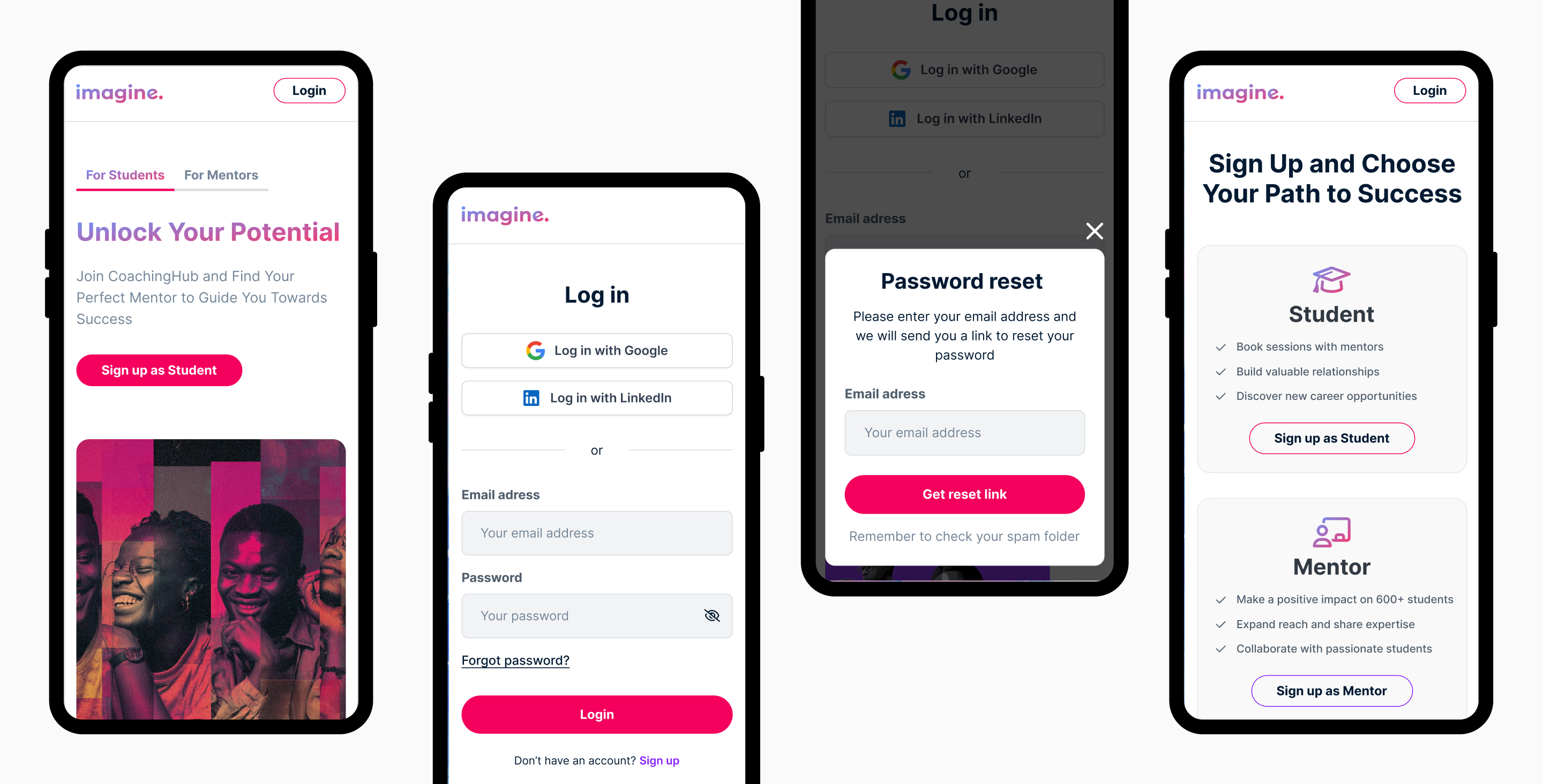 Mobile authentication screens showing login, signup, and role selection