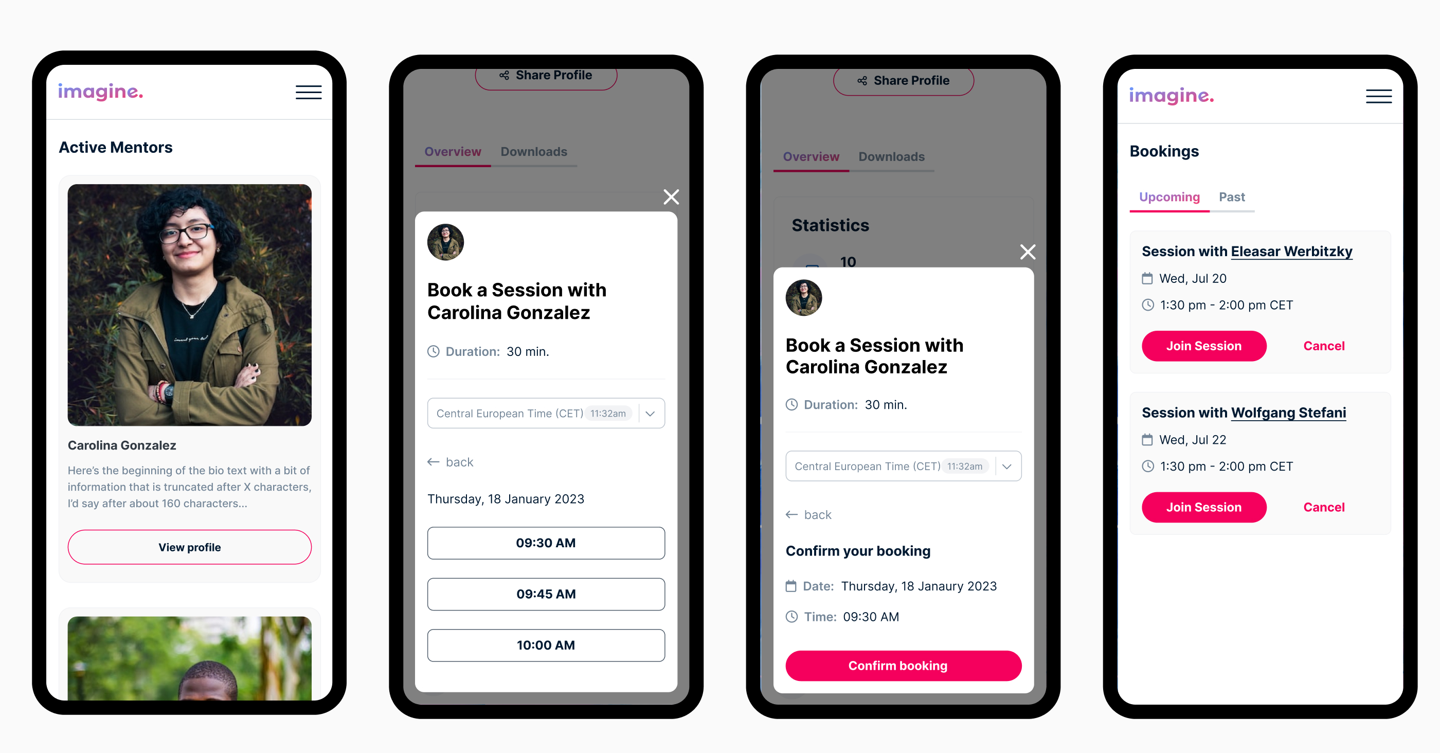 Student mobile screens showing mentor discovery and booking interface