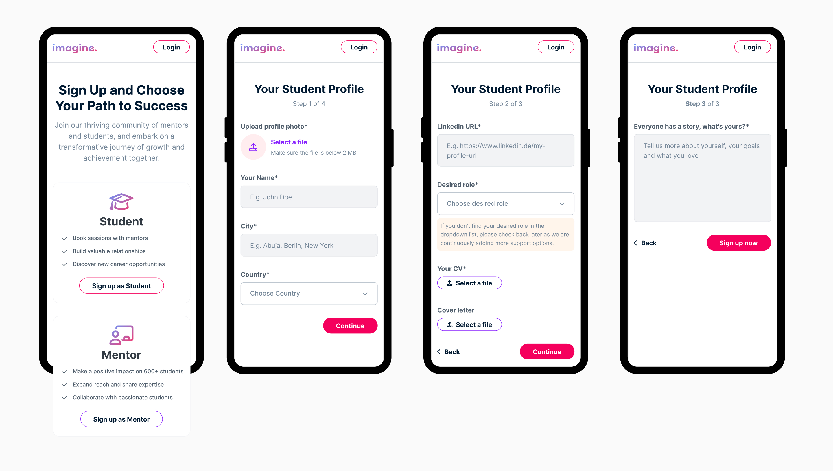 Student mobile screens showing mentor discovery and booking interface