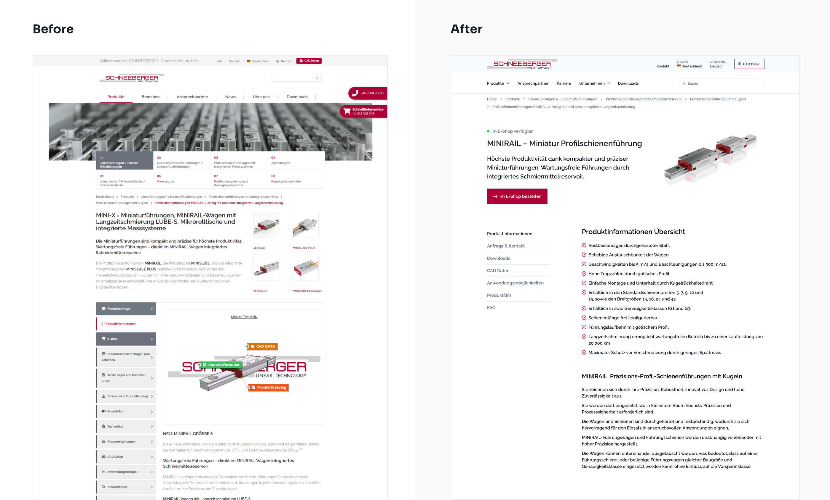 Product page before and after redesign comparison